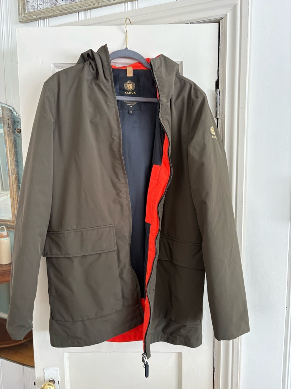 Kanuk Hooded coat in Olive Green with orange Lining
